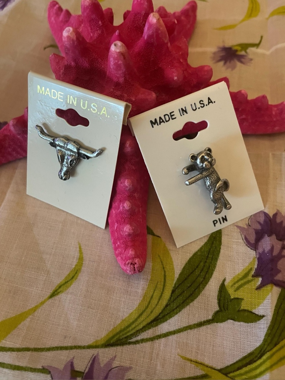 Pair of Retro Tac Tack Pins Western Bull & Whimsical Bear